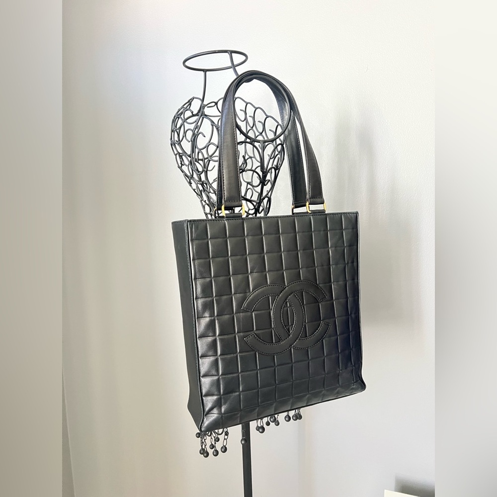 Chanel Classic Chocolate Bar Quilted CC Logo Shopper Tote Bag Handbag Purse 2Way